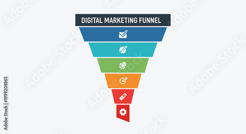 Digital marketing funnel concept with colorful steps and icons on gray background, Generative AI.