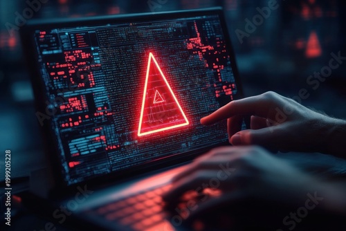 hands interacting with laptop displaying glowing red triangular alert over scrolling code, tense urgent cybersecurity scene in blue and red light