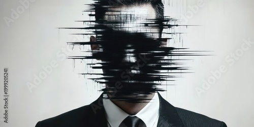 Formal suited figure in white shirt and black tie with horizontal digital glitch streaks emanating from the head area, stark backdrop conveying anonymity and fragmented identity