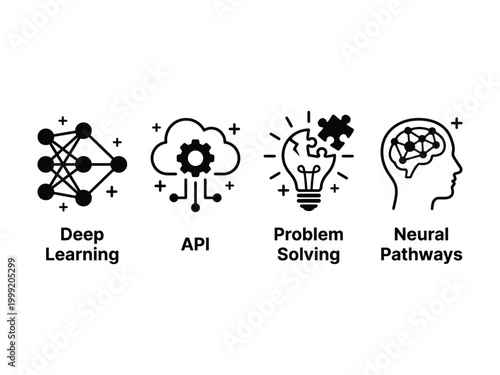 Artificial intelligence concepts  deep learning API problem solving neural pathways icons on white