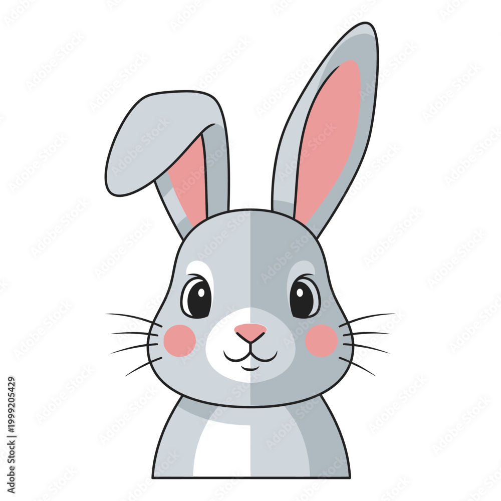 Obraz premium Cute cartoon grey rabbit with pink cheeks and long ears, isolated on white background.