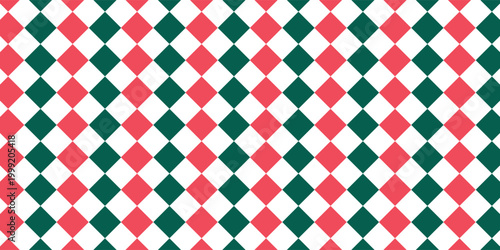 Christmas rhombus seamless pattern. Red and green xmas plaid texture with gold line. Argyle geometric diamond pattern. Christmas abstract wrapping bg. Vector illustration isolated on white background.