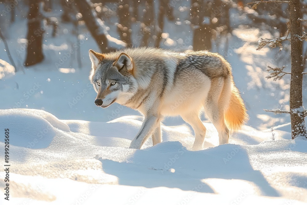 Fototapeta premium Grey wolf walking through a sunlit snowy forest, alert and focused amid falling snow and long shadows