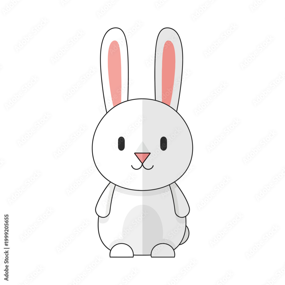 Obraz premium Cute cartoon white rabbit with pink ears, standing and looking forward, isolated on white background.