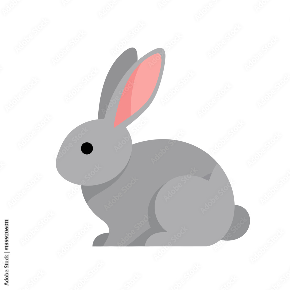 Obraz premium Cute Grey Rabbit Illustration, Flat Design, White Background