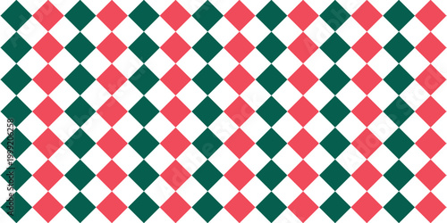 Christmas rhombus seamless pattern. Red and green xmas plaid texture with gold line. Argyle geometric diamond pattern. Christmas abstract wrapping bg. Vector illustration isolated on white background.