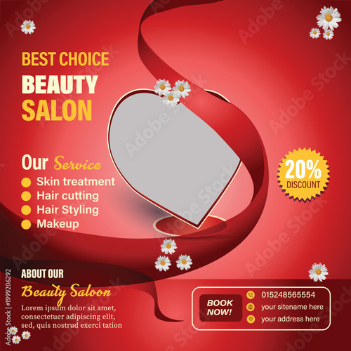 Promotional graphic for a beauty salon featuring services such as skin treatments, haircuts, styling, and makeup, with a 20% discount offer. Ideal for advertising and social media marketing.
