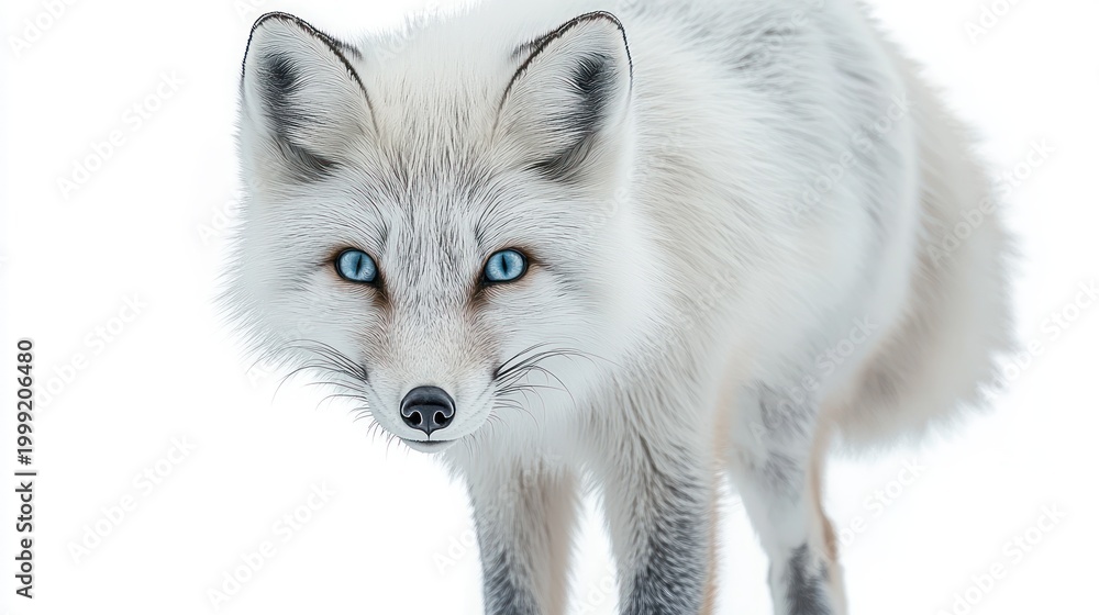 Fototapeta premium Close-up of a white arctic fox with striking blue eyes standing on snow, soft fluffy fur and a curious, alert gaze