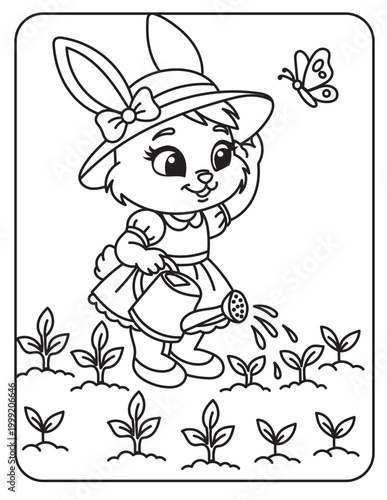 Cute cartoon bunny jumping happily over a decorated Easter egg, simple line art coloring page for kids