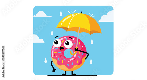 A cartoon donut holds a yellow umbrella on a rainy day
