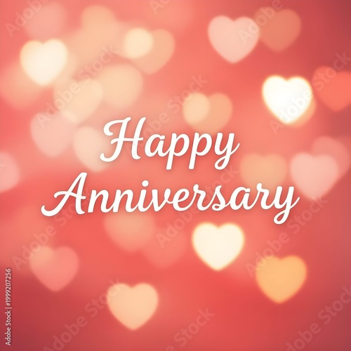 Happy Anniversary against a red bokeh background filled with glowing hearts