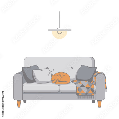 Cozy Orange Cat Sleeping on Sofa with Blanket and Pillows under Lamp