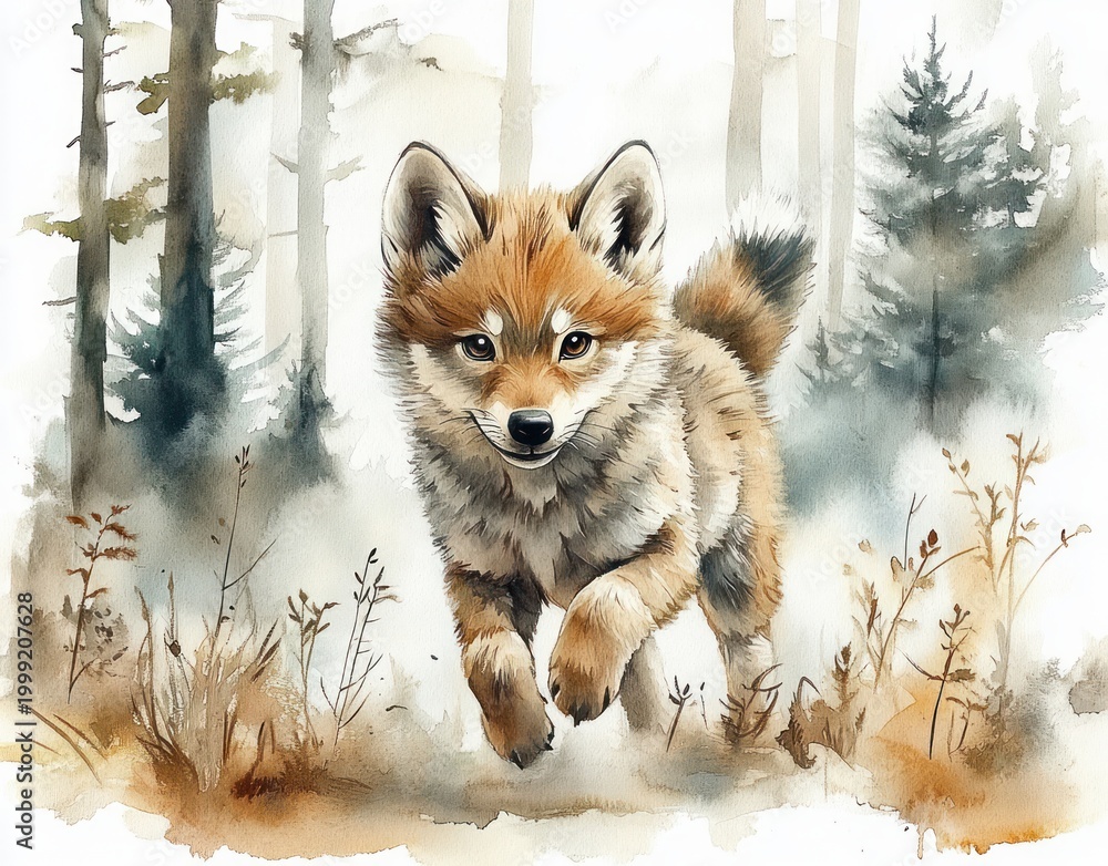 Fototapeta premium playful fox pup bounding through a misty pine forest with bright curious eyes, fluffy fur and autumn undergrowth