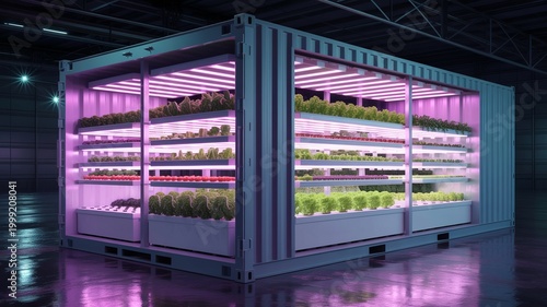 A large shipping container converted into a modern indoor hydroponic farm with purple lighting