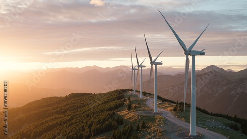 Wind turbines standing tall on a mountainous landscape during a serene sunset