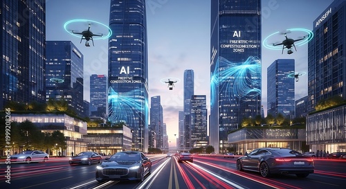 Futuristic cityscape with flying drones and AI skyscrapers at dusk