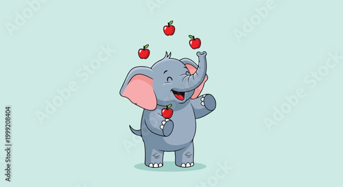 A cartoon elephant juggles apples