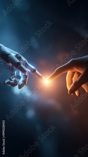 human and robotic hands touching with glowing connection