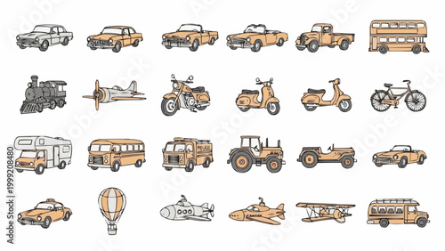 Collection of various vintage transportation vehicles and modes of travel.
