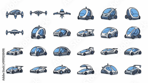 Futuristic autonomous vehicles and drones collection.