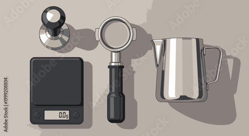 Collection of essential tools for making gourmet coffee, including a tamper, portafilter, digital scale, and milk pitcher, meticulously arranged on a neutral surface