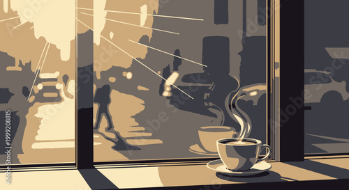 Morning coffee by the window with sunlight streaming in, casting shadows of pedestrians and cars on the street outside