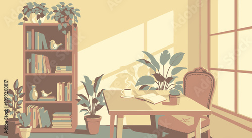 Cozy and sunlit home study room interior with a bookshelf, desk, and potted plants, creating a peaceful and inspiring atmosphere for reading, remote work, or quiet relaxation