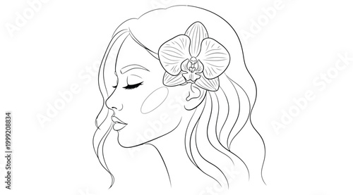 Line art illustration of a beautiful woman in profile with an orchid flower in her hair