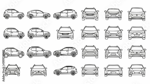 Collection of various car models in outline style, showcasing different perspectives and designs.