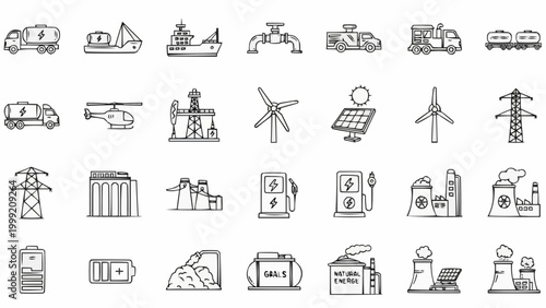 Industrial Energy and Power Production Doodle Icons Set.