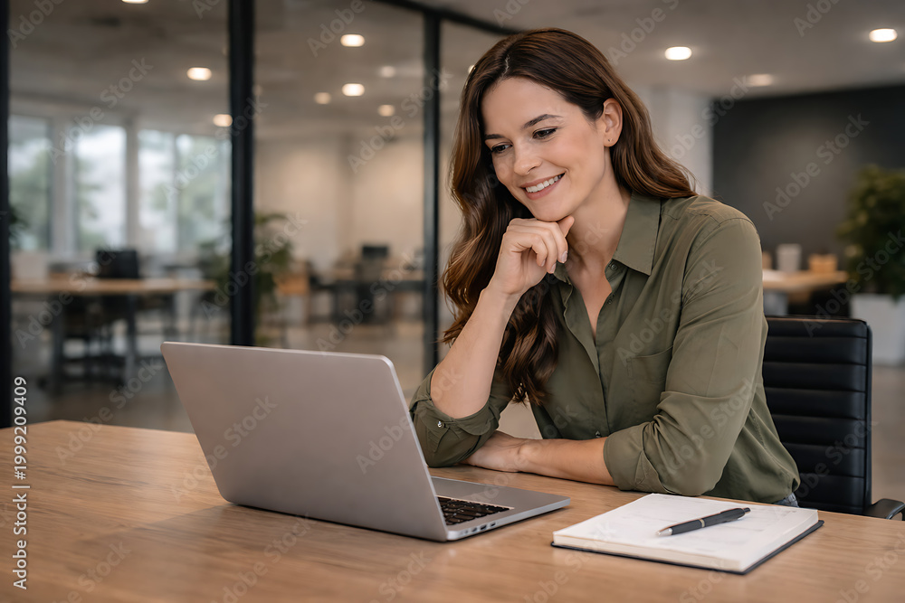 Fototapeta premium Smiling businesswoman works on a laptop in a modern office space