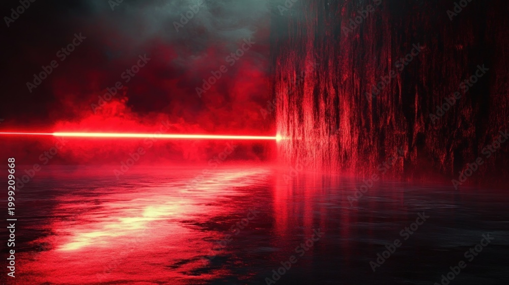 Naklejka premium Ominous red laser beam slicing through fog, striking a towering textured wall above a reflective wet surface with glowing crimson reflections and a dark stormy sky