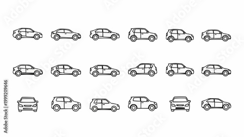 Collection of various car models in outline style, showcasing different perspectives and designs.