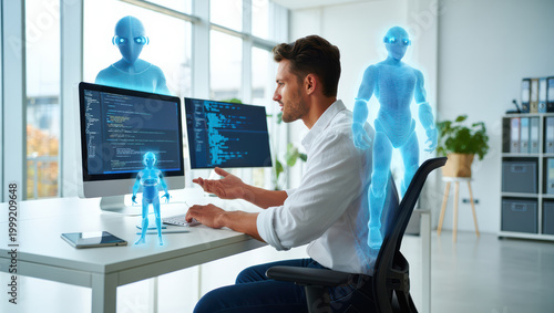 Young man computer coding artificial intelligence hologram futuristic technology office digital innovation young man coding computer modern office surrounded by holographic artificial intelligence