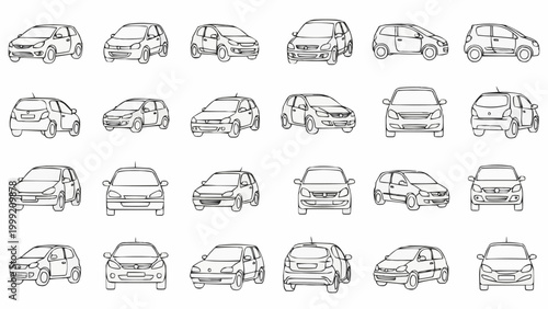 Collection of various car models in outline style, showcasing different angles and designs.