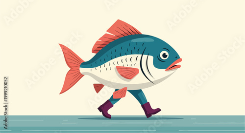 A cartoon fish with legs and boots walking on a surface