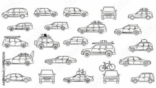 Collection of hand-drawn car illustrations, showcasing various vehicle types and travel accessories.