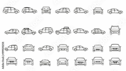 Outline drawings of various car models from different perspectives.