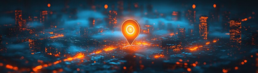 glowing orange location pin hovering over a futuristic neon city map with misty blue atmosphere and illuminated skyscrapers, evoking discovery and high-tech precision
