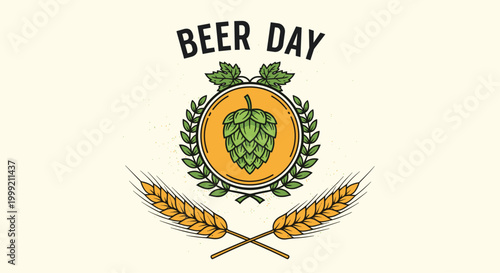 International beer day celebratory emblem featuring a green hop cone inside a gold circle with barley stalks and green leaves.