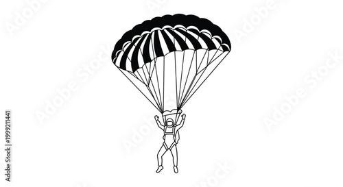 Detailed line art illustration of a person skydiving through the air with an open parachute against a clean white background.