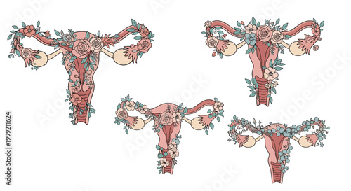 Beautiful artistic depictions of the female reproductive system intricately decorated with soft pastel flowers and leaves.