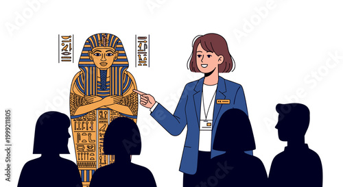 Female educator presents lecture to audience beside ancient statue.