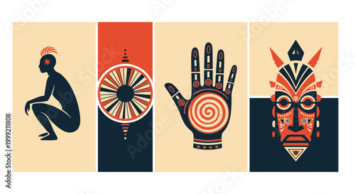 Set of four ethnic art panels including a silhouetted figure sun symbol hand and tribal mask in warm orange and dark tones.
