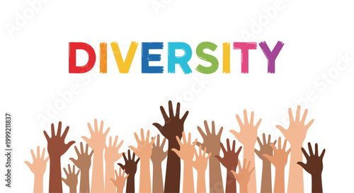 Inclusive diversity concept featuring the word written in rainbow colors above many hands of different skin tones reaching up.