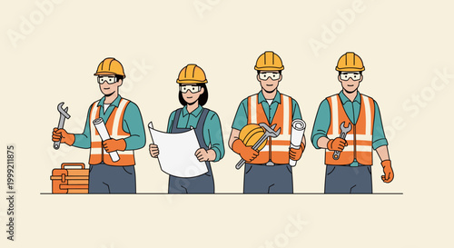 Group of Construction Workers Wearing Helmets and Vests.