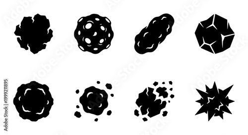 Explosion, blast, boom, burst, black, vector icons, effects, set of 8