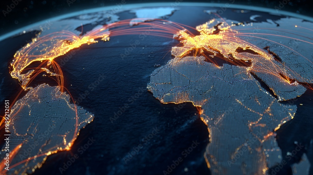 Fototapeta premium A global view showcasing interconnectedness. Glowing cities and linking paths illuminate continents on a detailed Earth