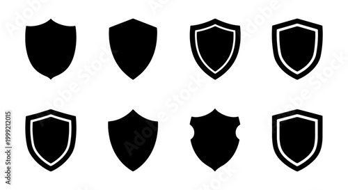 Shield icons, security symbols, protection logos, black and white emblems