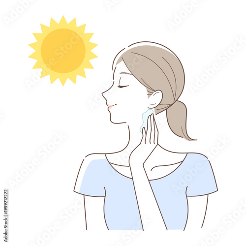 首や耳の後ろまで日焼け止めを塗る女性（紫外線対策・塗り方・スキンケア）